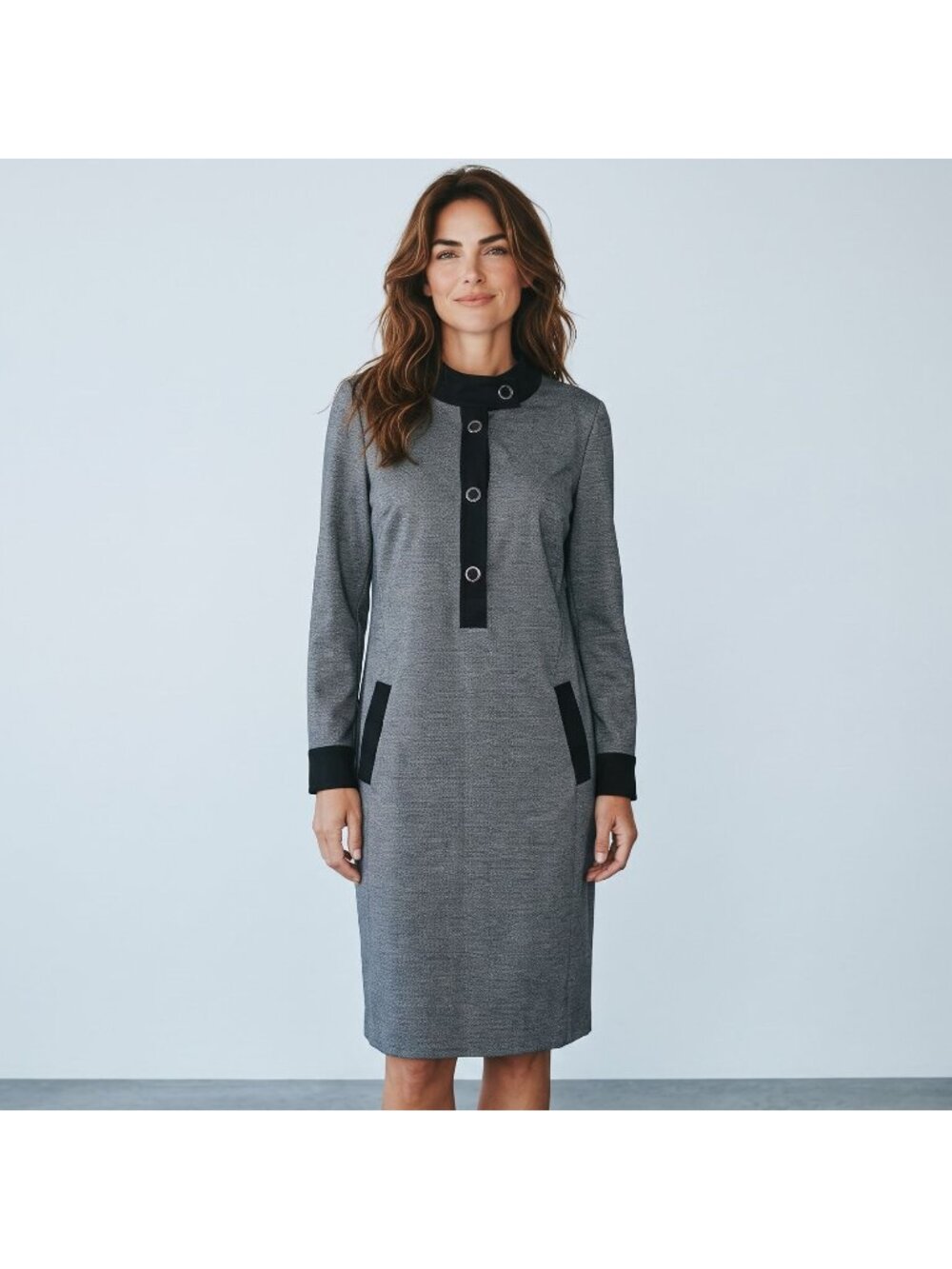 Etcetera Dress Womens 10 Gray Black Grommet Collar Stretch Shift Sheath Pockets